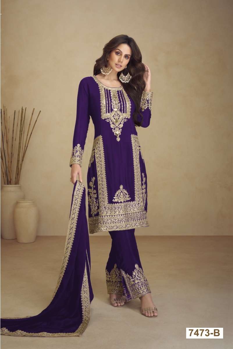 INDIAN DESIGNER FANCY WEDDING PARTY WEAR FAUX GEORGETTE PURPLE PAKISTANI STRAIGHT SALWAR SUIT CPR 7473 B