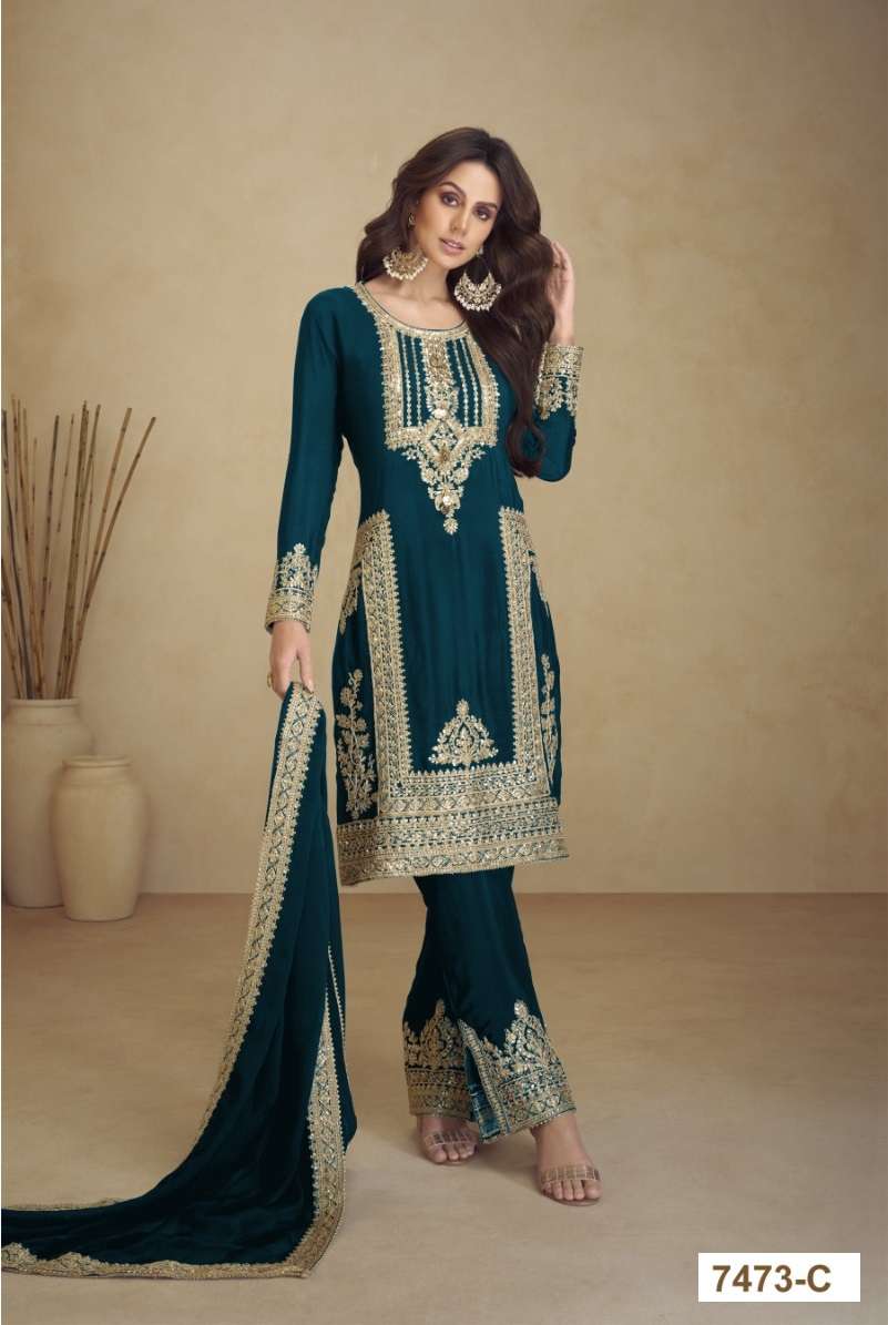 INDIAN DESIGNER FANCY WEDDING PARTY WEAR FAUX GEORGETTE BLUE GREEN PAKISTANI STRAIGHT SALWAR SUIT CPR 7473 C