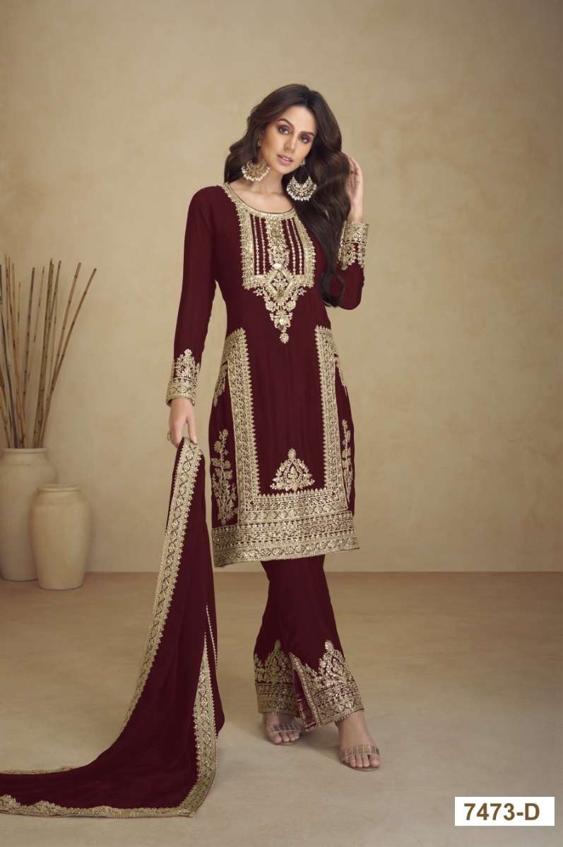 INDIAN DESIGNER FANCY WEDDING PARTY WEAR FAUX GEORGETTE MAROON PAKISTANI STRAIGHT SALWAR SUIT CPR 7473 D