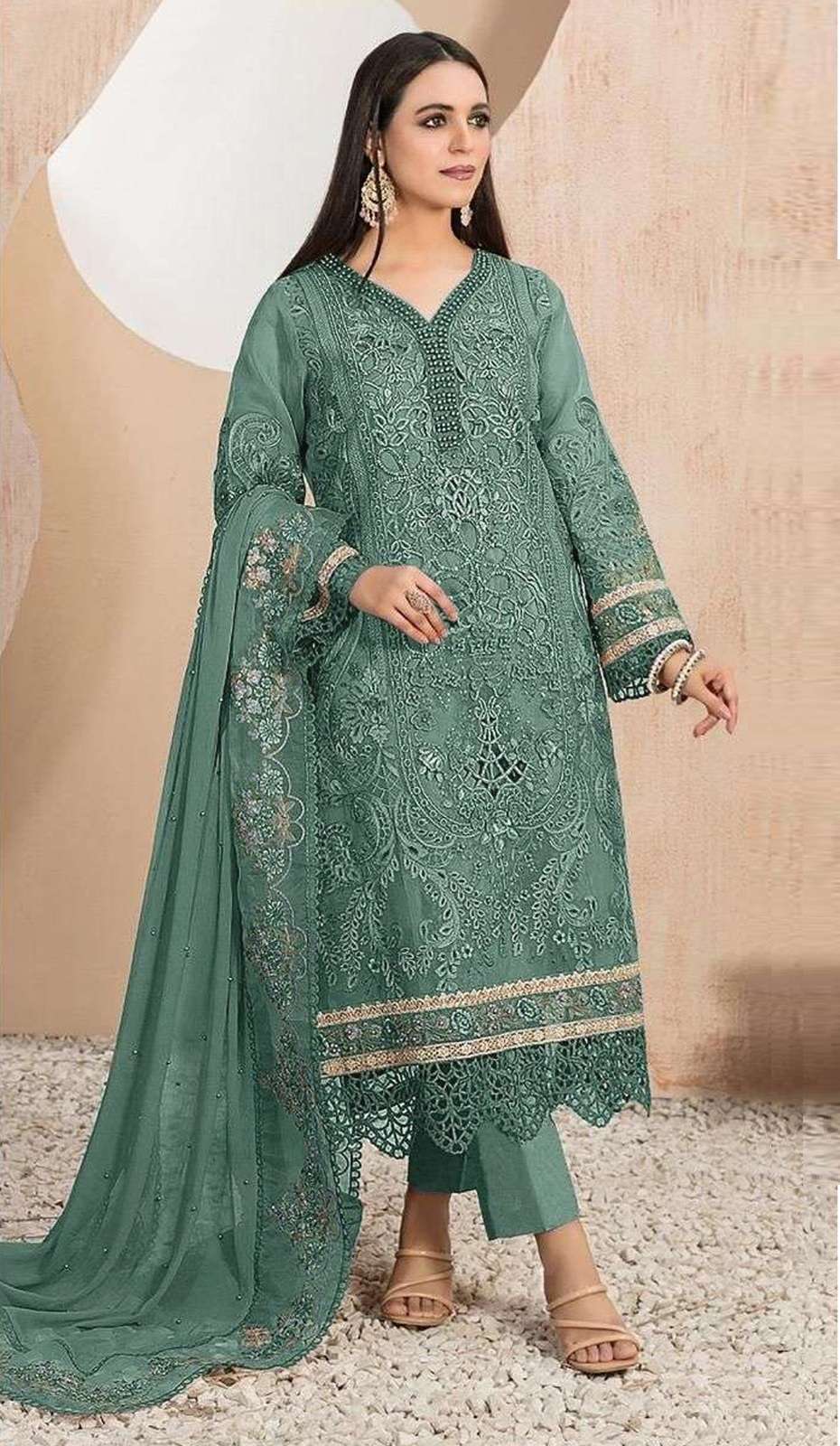 INDIAN DESIGNER FANCY WEDDING PARTY WEAR GREEN ORGANZA PAKISTANI STRAIGHT SALWAR SUIT SRH 1119 B