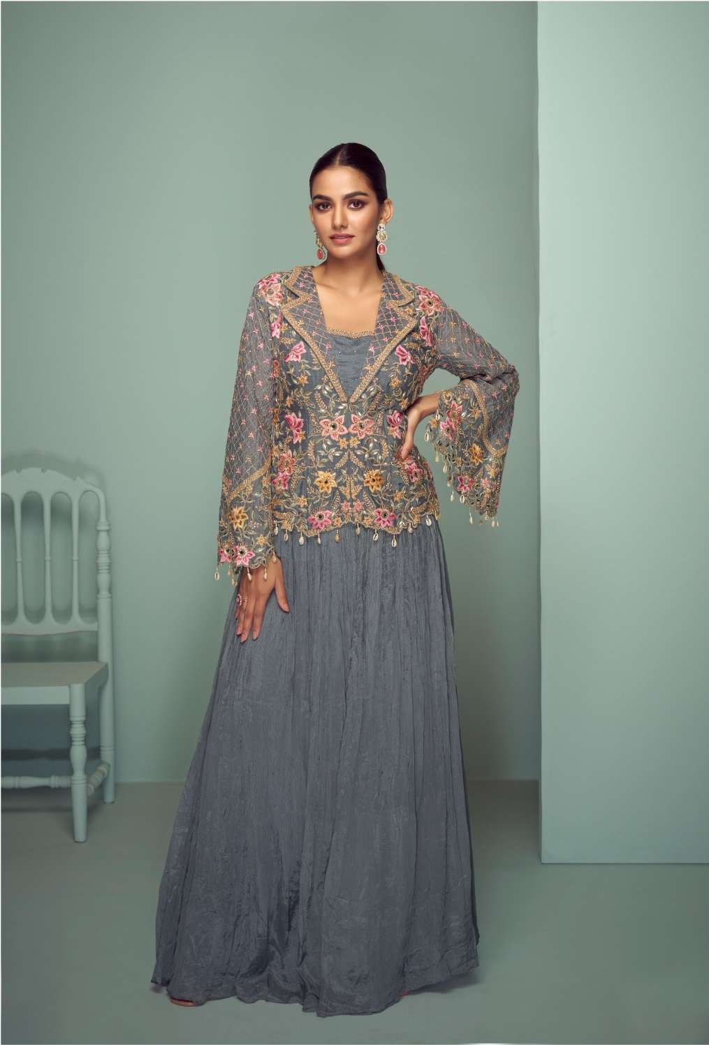 INDIAN DESIGNER FANCY WEDDING PARTY WEAR GREY CHINON PALLAZO SHARARA SALWAR SUIT GL CROWN 7508