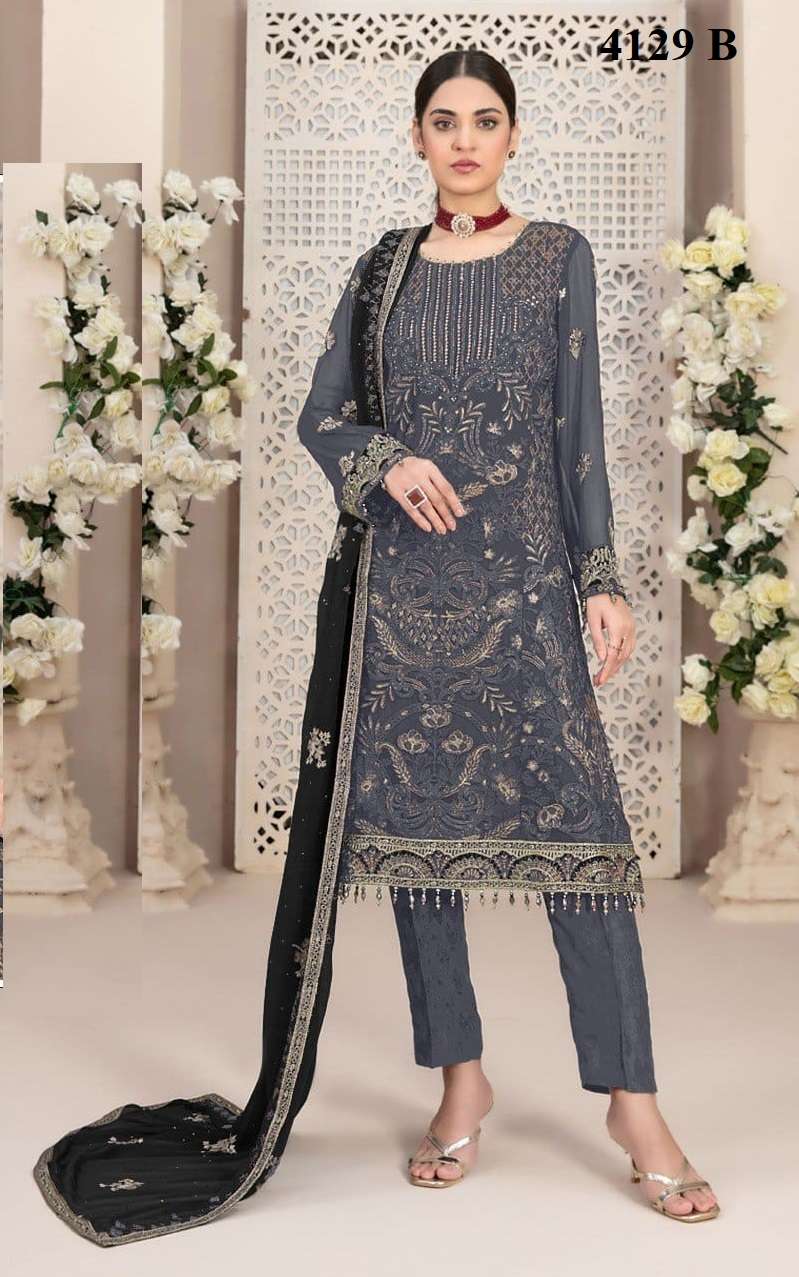 INDIAN DESIGNER FANCY WEDDING PARTY WEAR GREY ORGANZA PAKISTANI STRAIGHT SALWAR SUIT SRH 4129 B