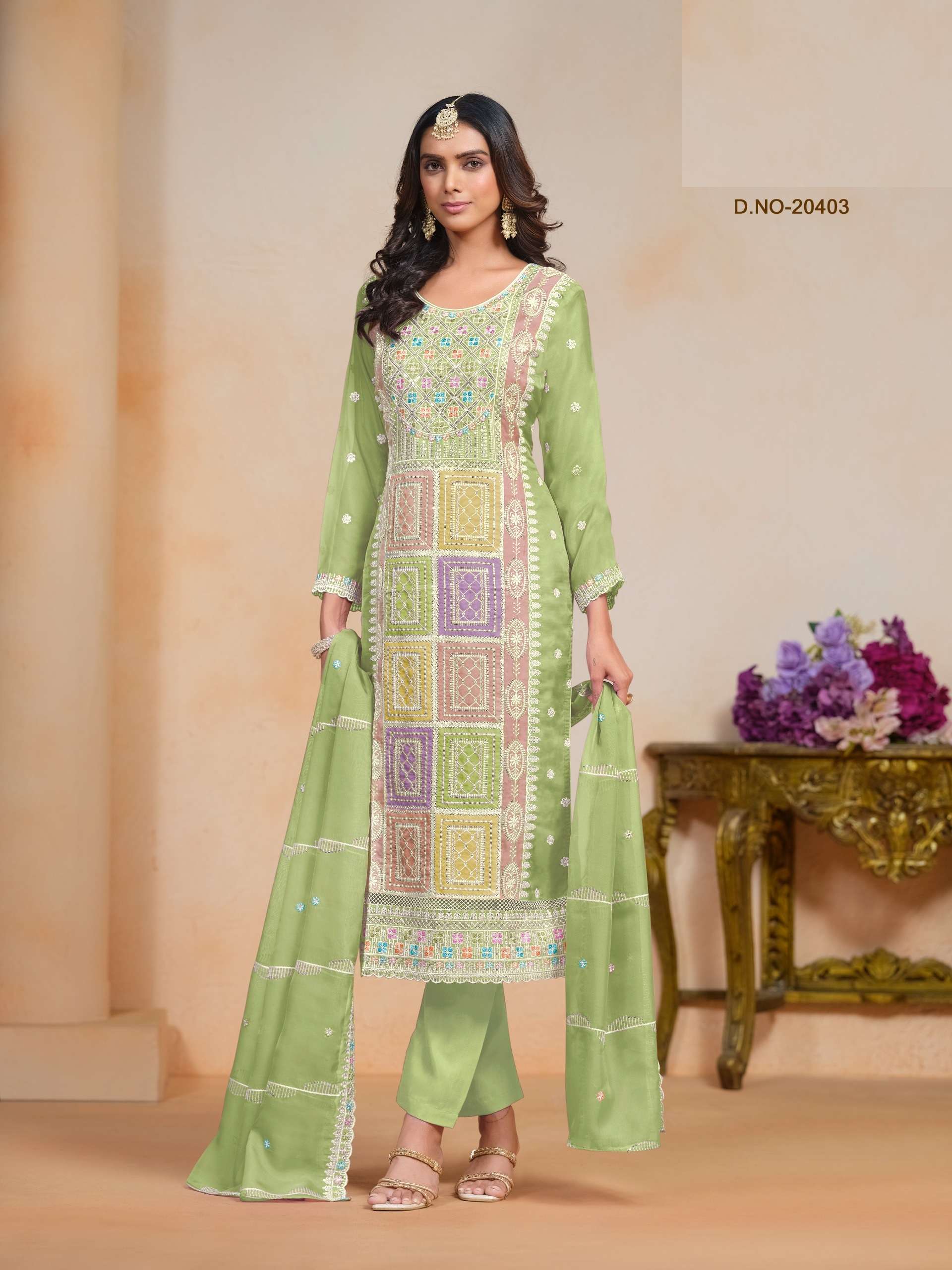 INDIAN DESIGNER FANCY WEDDING PARTY WEAR ORGANZA GREEN STRAIGHT SALWAR SUIT ANY 10403