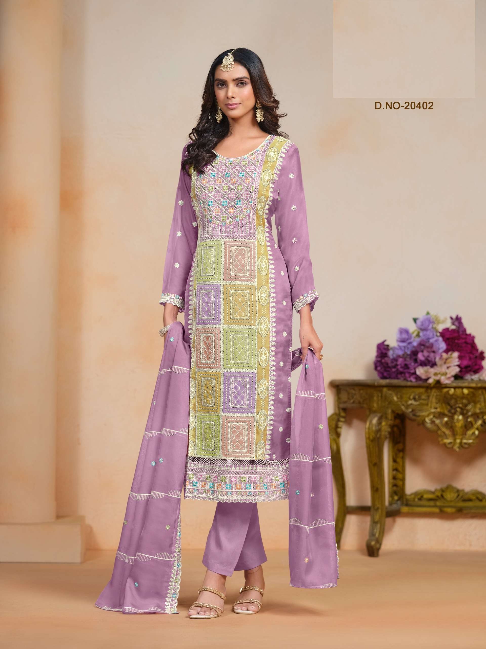 INDIAN DESIGNER FANCY WEDDING PARTY WEAR ORGANZA PURPLE STRAIGHT SALWAR SUIT ANY 10402