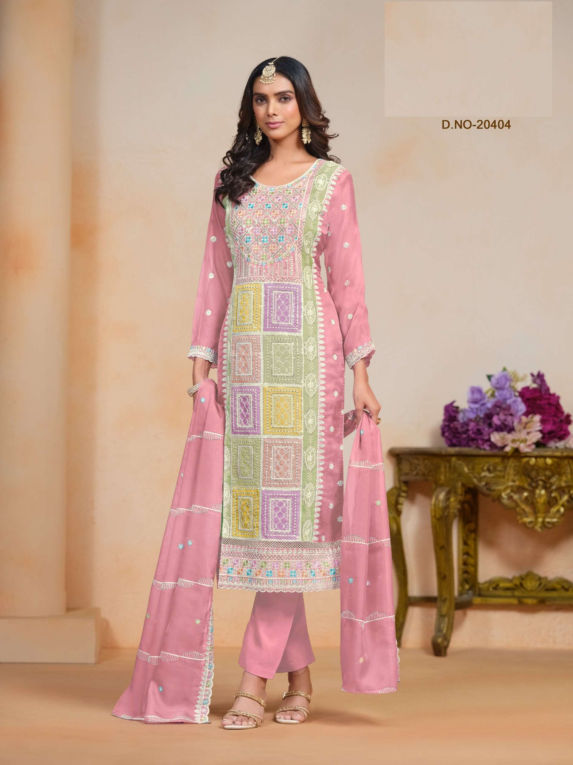 INDIAN DESIGNER FANCY WEDDING PARTY WEAR ORGANZA PINK STRAIGHT SALWAR SUIT ANY 10404