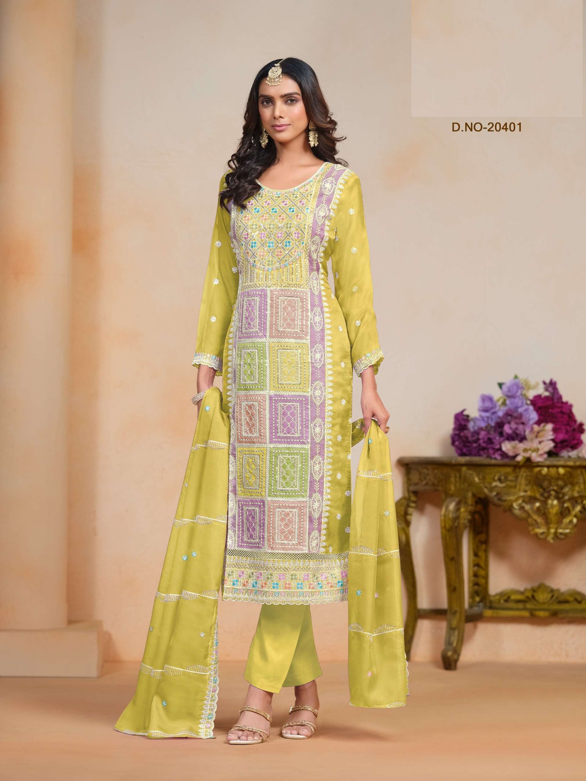 INDIAN DESIGNER FANCY WEDDING PARTY WEAR ORGANZA YELLOW STRAIGHT SALWAR SUIT ANY 10401