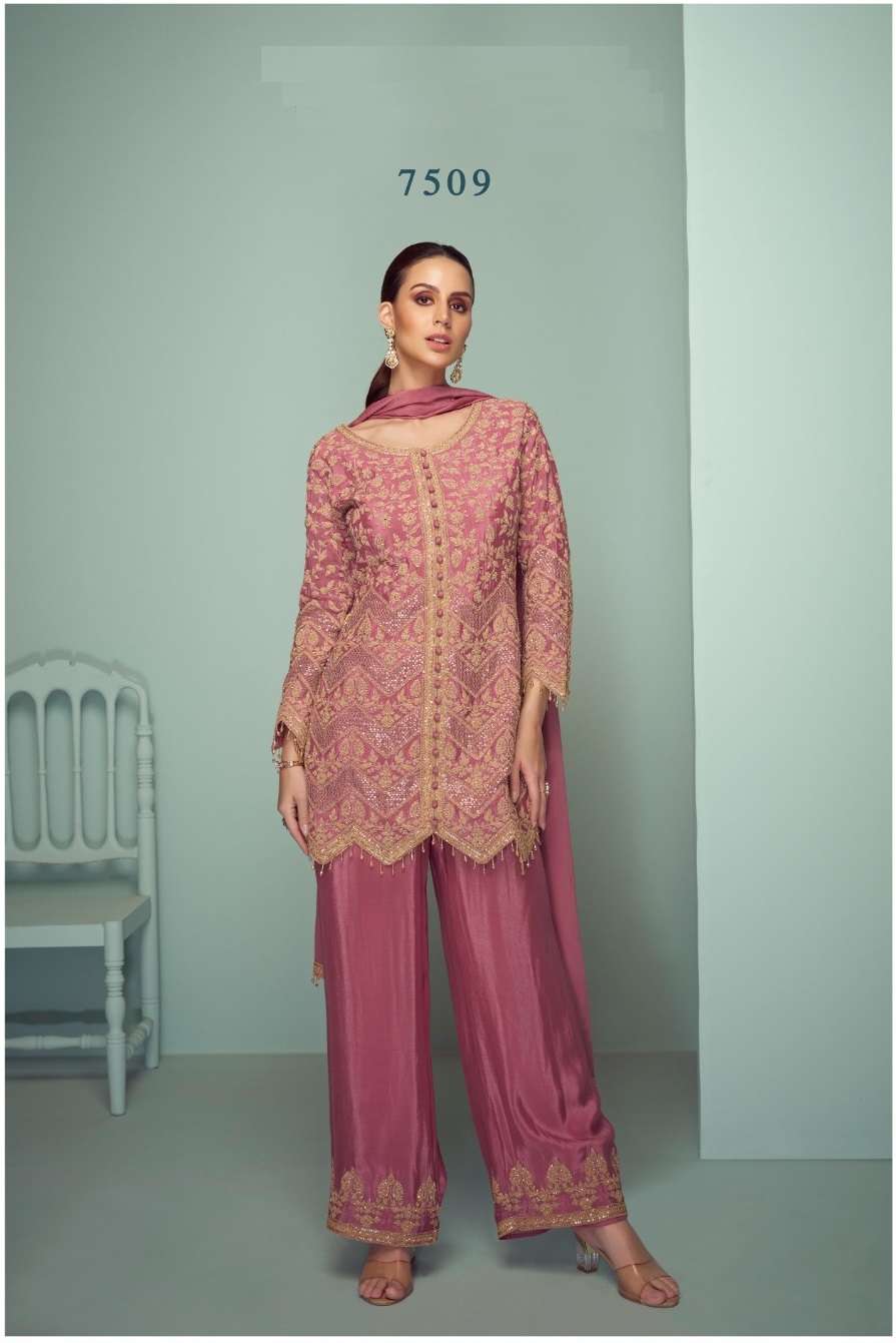 INDIAN DESIGNER FANCY WEDDING PARTY WEAR PINK CHINON PALLAZO SHARARA SALWAR SUIT GL CROWN 7509