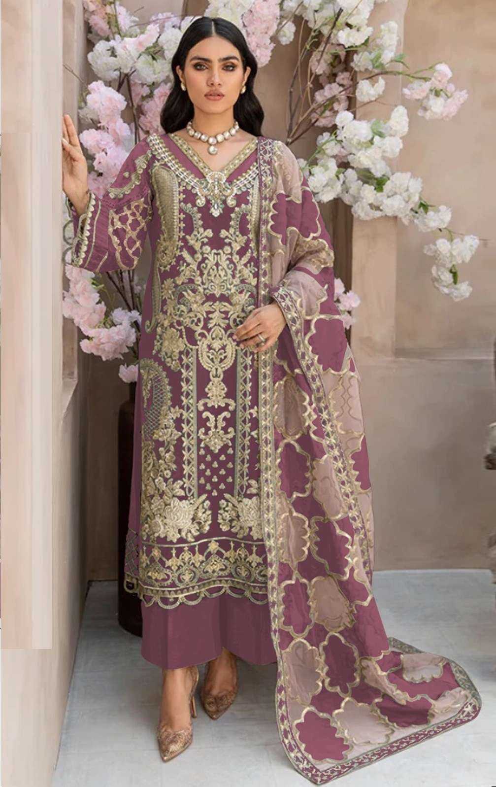 INDIAN DESIGNER FANCY WEDDING PARTY WEAR PINK ORGANZA PAKISTANI STRAIGHT SALWAR SUIT SRH 1076 D