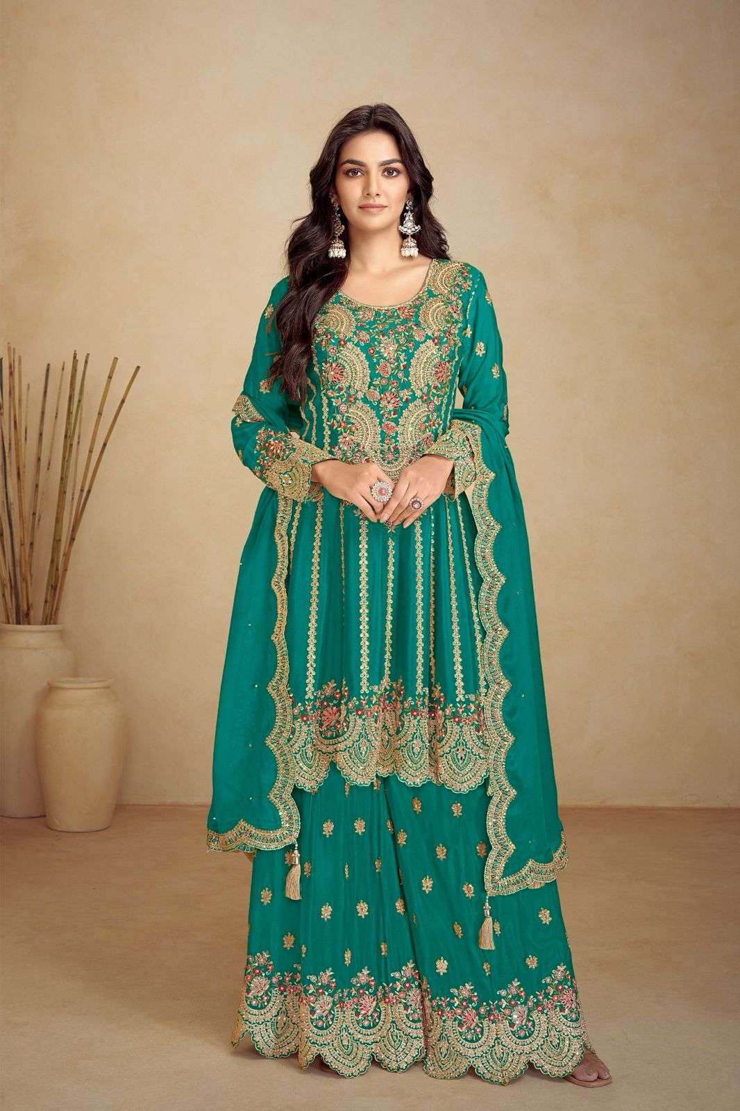 INDIAN DESIGNER FANCY WEDDING PARTY WEAR REAL CHINON GREEN PALLAZO SHARARA SALWAR SUIT GL JALWA 7502 A