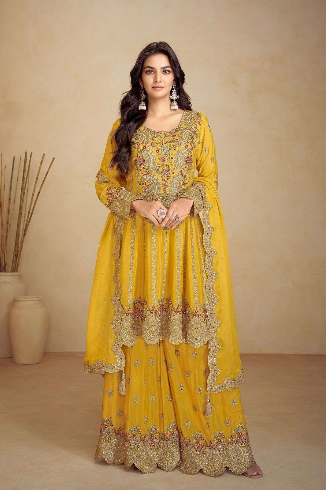 INDIAN DESIGNER FANCY WEDDING PARTY WEAR REAL CHINON YELLOW PALLAZO SHARARA SALWAR SUIT GL JALWA 7502 B