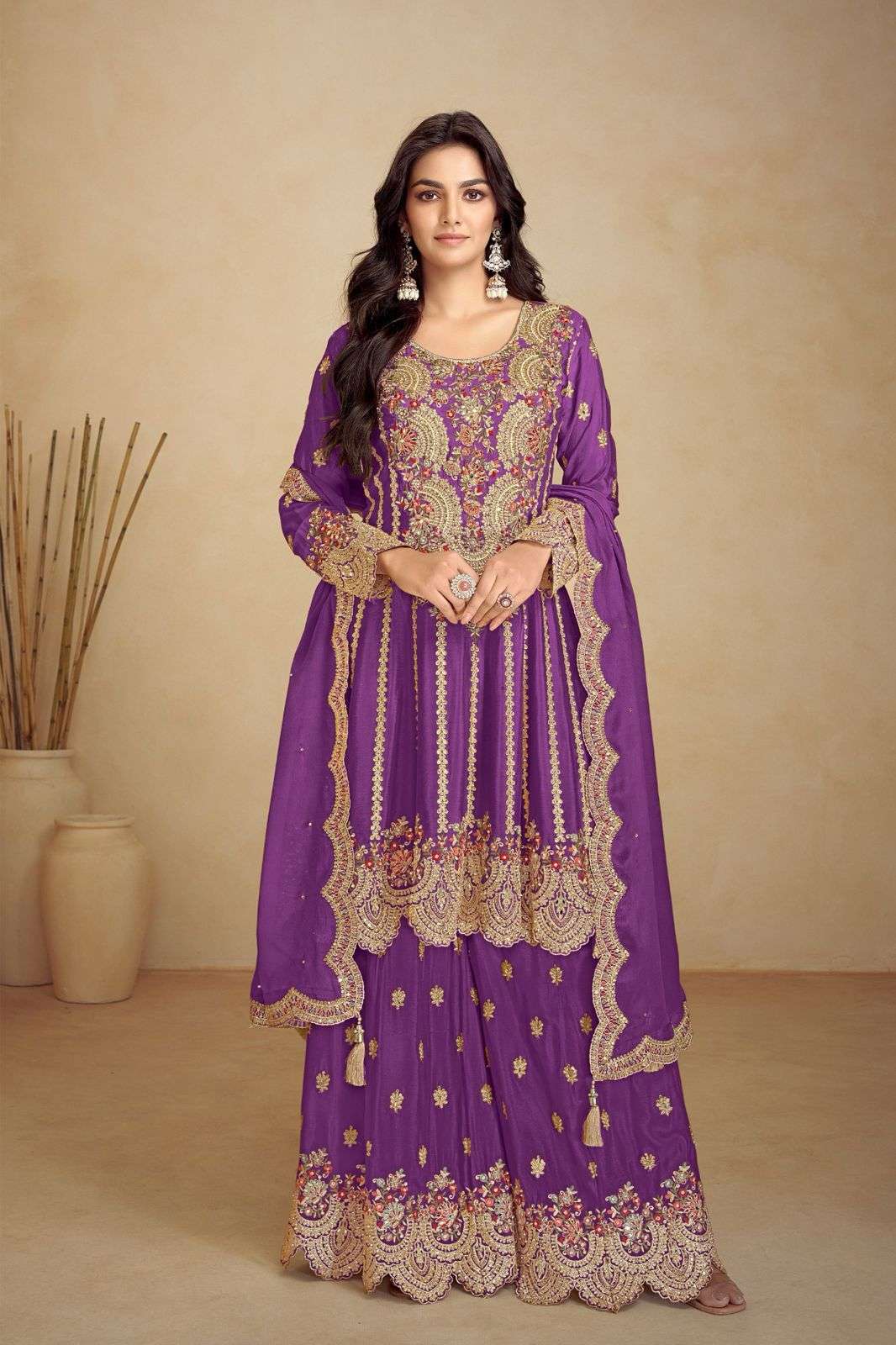 INDIAN DESIGNER FANCY WEDDING PARTY WEAR REAL CHINON PURPLE PALLAZO SHARARA SALWAR SUIT GL JALWA 7502 C