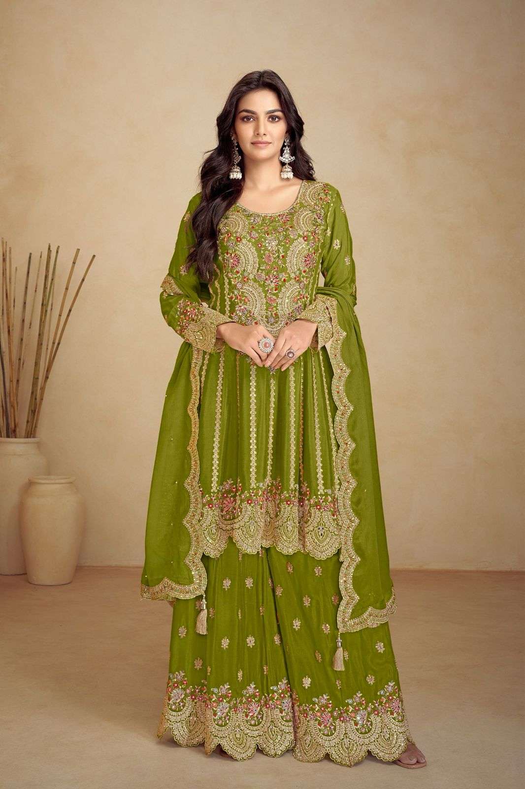 INDIAN DESIGNER FANCY WEDDING PARTY WEAR REAL CHINON GREEN PALLAZO SHARARA SALWAR SUIT GL JALWA 7502 D