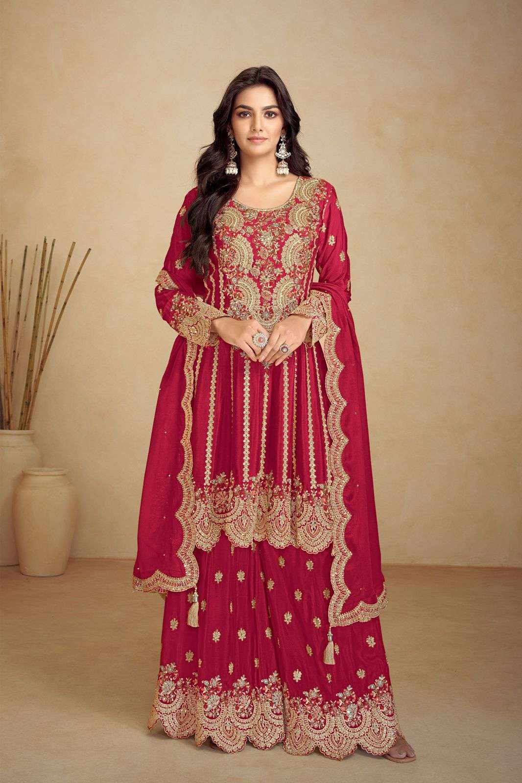 INDIAN DESIGNER FANCY WEDDING PARTY WEAR REAL CHINON RED PALLAZO SHARARA SALWAR SUIT GL JALWA 7502 E