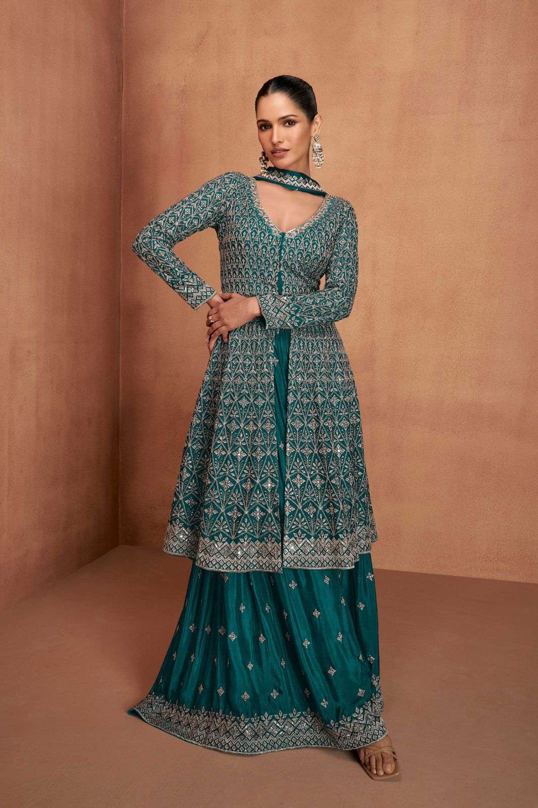 INDIAN DESIGNER FANCY WEDDING PARTY WEAR REAL CHINON GREEN PALLAZO SHARARA SALWAR SUIT AF VIANA 7479 A