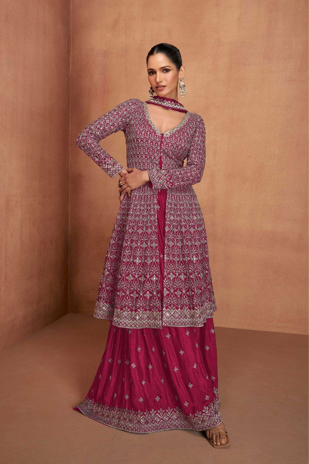 INDIAN DESIGNER FANCY WEDDING PARTY WEAR REAL CHINON PINK PALLAZO SHARARA SALWAR SUIT AF VIANA 7479 B