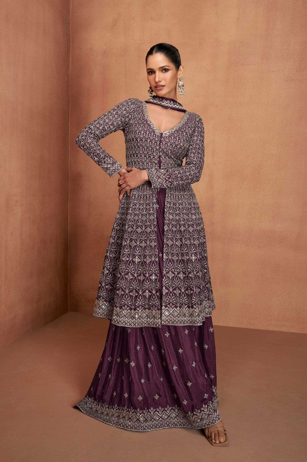 INDIAN DESIGNER FANCY WEDDING PARTY WEAR REAL CHINON WINE MAROON PALLAZO SHARARA SALWAR SUIT AF VIANA 7479 C