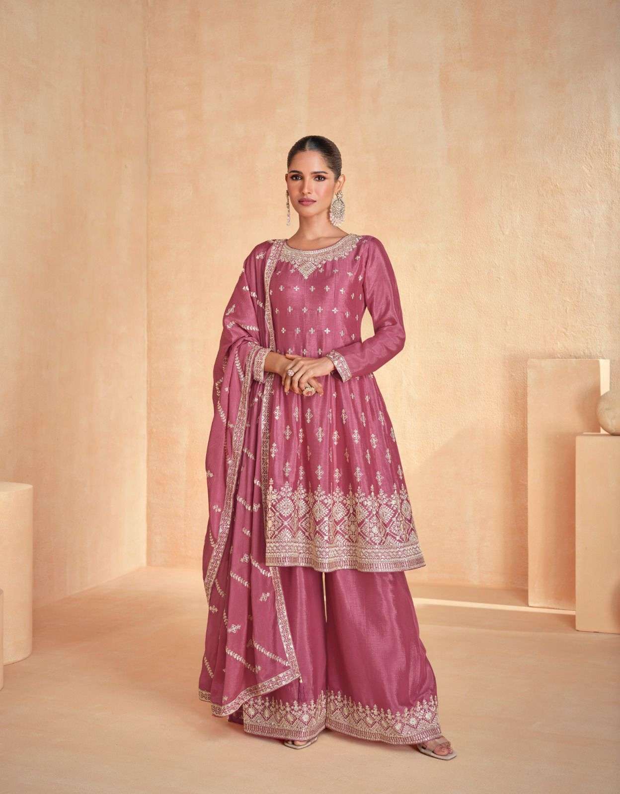 INDIAN DESIGNER FANCY WEDDING PARTY WEAR REAL CHINON PINK PALLAZO SHARARA SALWAR SUIT AF ZOHA 10117