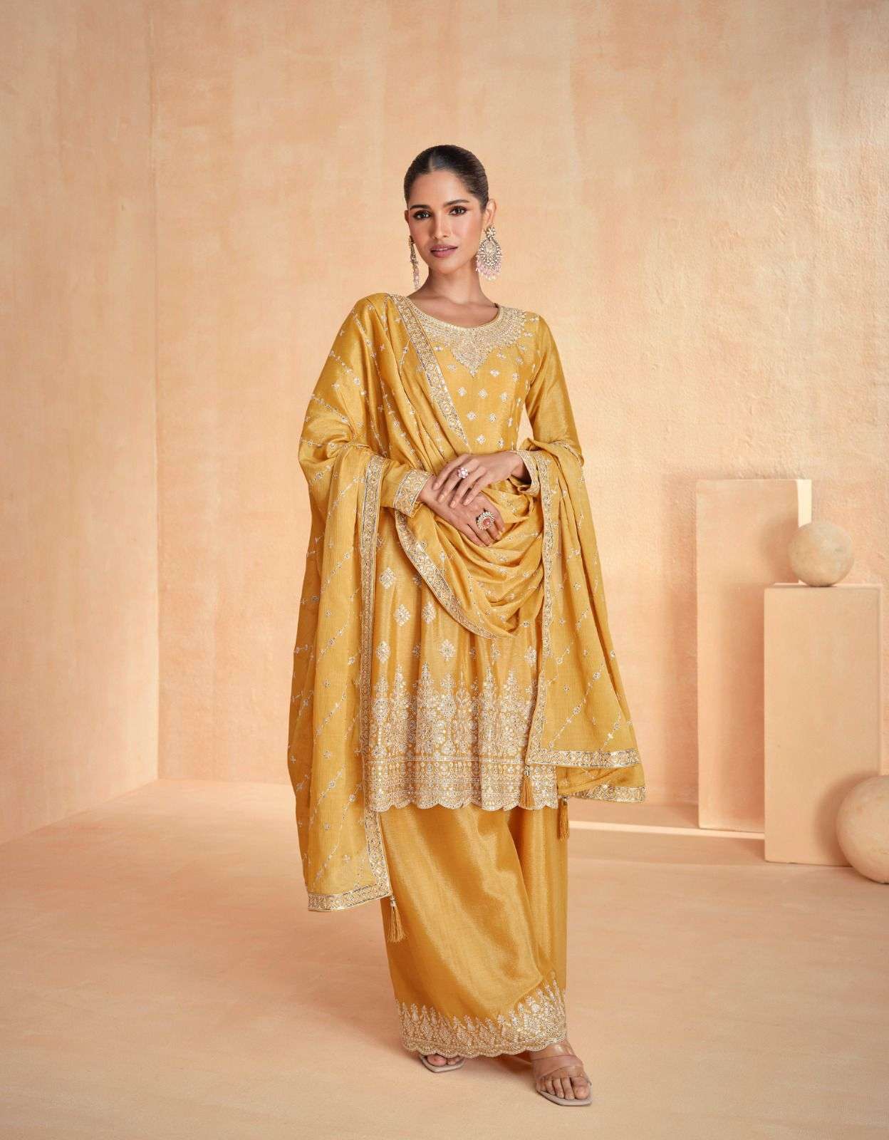 INDIAN DESIGNER FANCY WEDDING PARTY WEAR REAL CHINON YELLOW PALLAZO SHARARA SALWAR SUIT AF ZOHA 10118