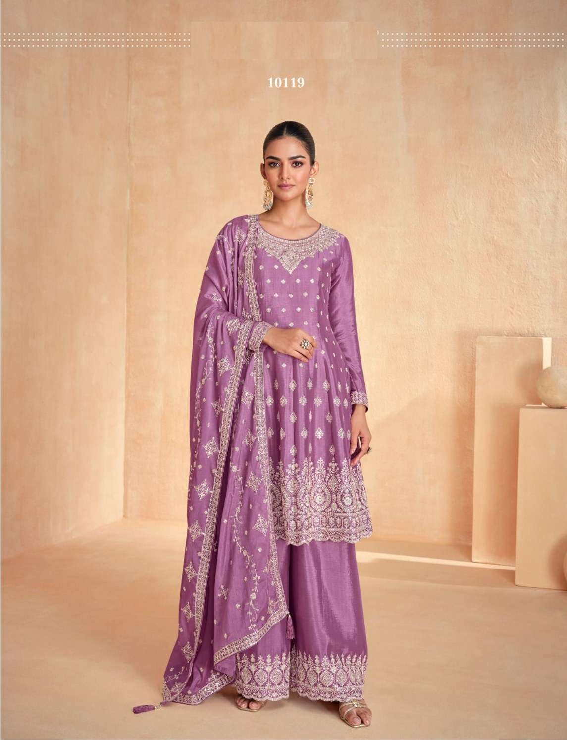 INDIAN DESIGNER FANCY WEDDING PARTY WEAR REAL CHINON PURPLE PALLAZO SHARARA SALWAR SUIT AF ZOHA 10119