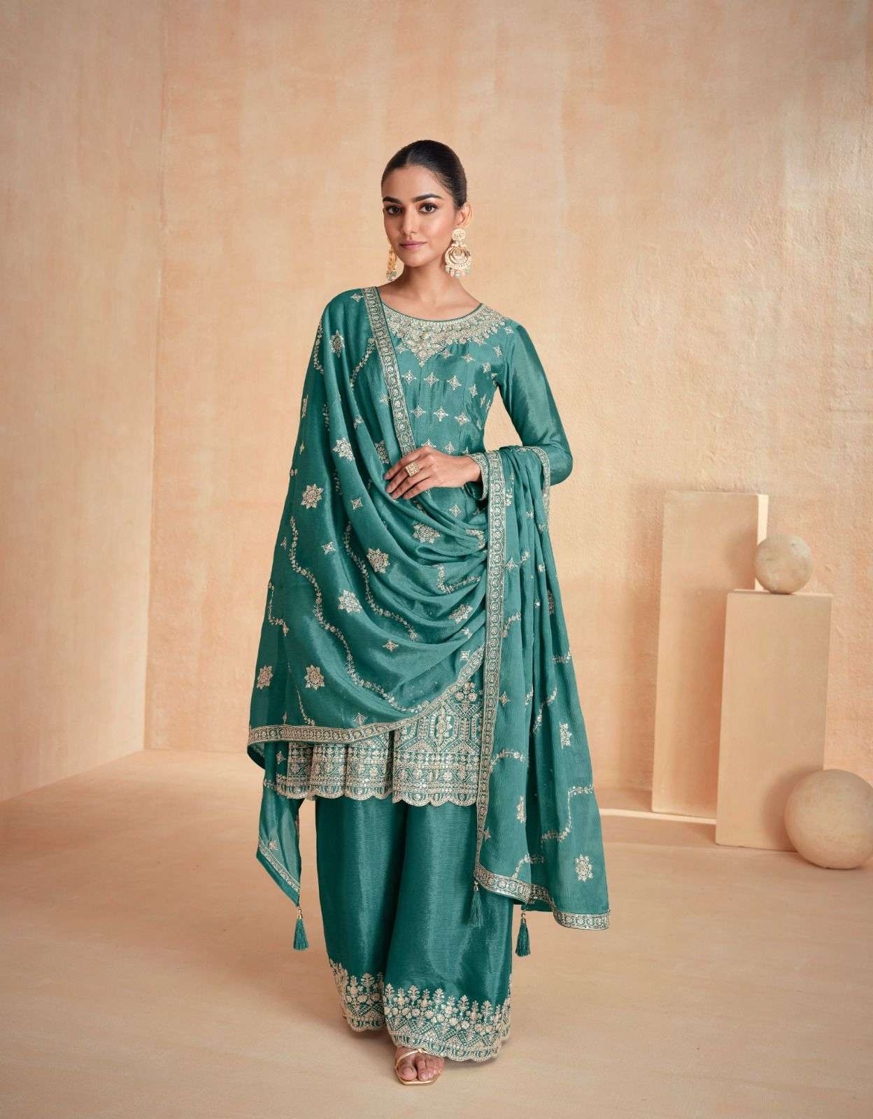 INDIAN DESIGNER FANCY WEDDING PARTY WEAR REAL CHINON GREEN PALLAZO SHARARA SALWAR SUIT AF ZOHA 10120