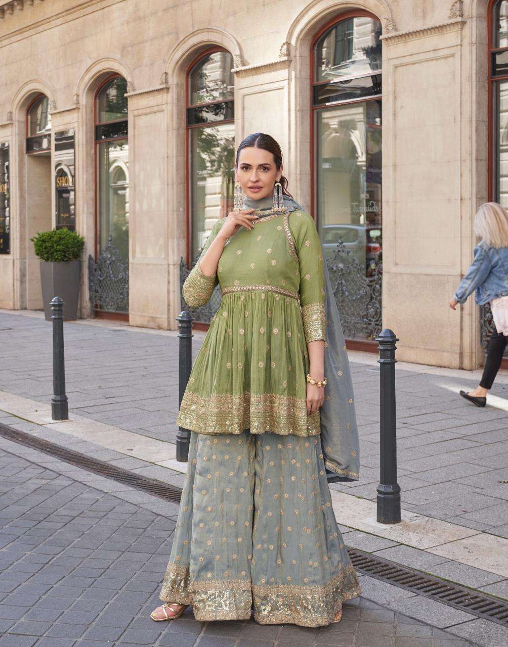 INDIAN DESIGNER FANCY WEDDING PARTY WEAR SIMAR SILK GREEN PALLAZO SHARARA SALWAR SUIT SY ZARA 561