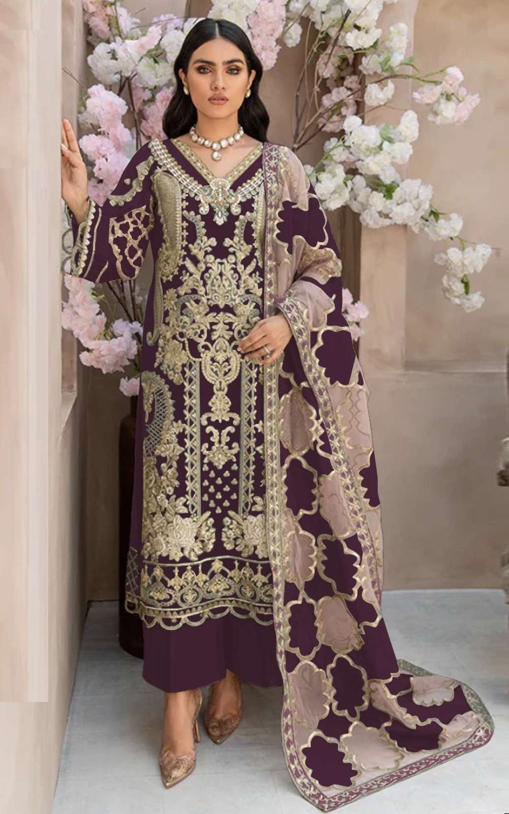 INDIAN DESIGNER FANCY WEDDING PARTY WEAR WINE ORGANZA PAKISTANI STRAIGHT SALWAR SUIT SRH 1076 B