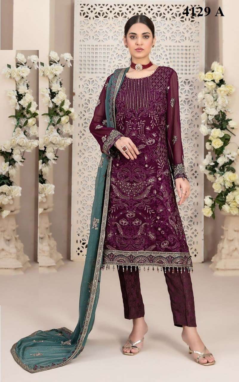 INDIAN DESIGNER FANCY WEDDING PARTY WEAR WINE ORGANZA PAKISTANI STRAIGHT SALWAR SUIT SRH 4129 A