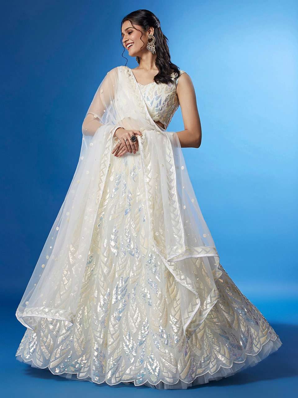 PREMIUM BRIDAL DESIGNER HEAVY PARTY WEDDING WEAR WHITE NET LEHENGA ZEEL 15101 C