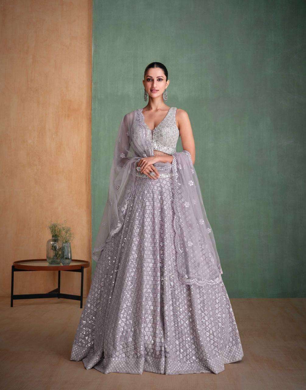 DESIGNER FANCY WEDDING PARTY WEAR GEORGETTE GREY LEHENGA CHOLI WITH DUPATTA SY AMARPALI 5662