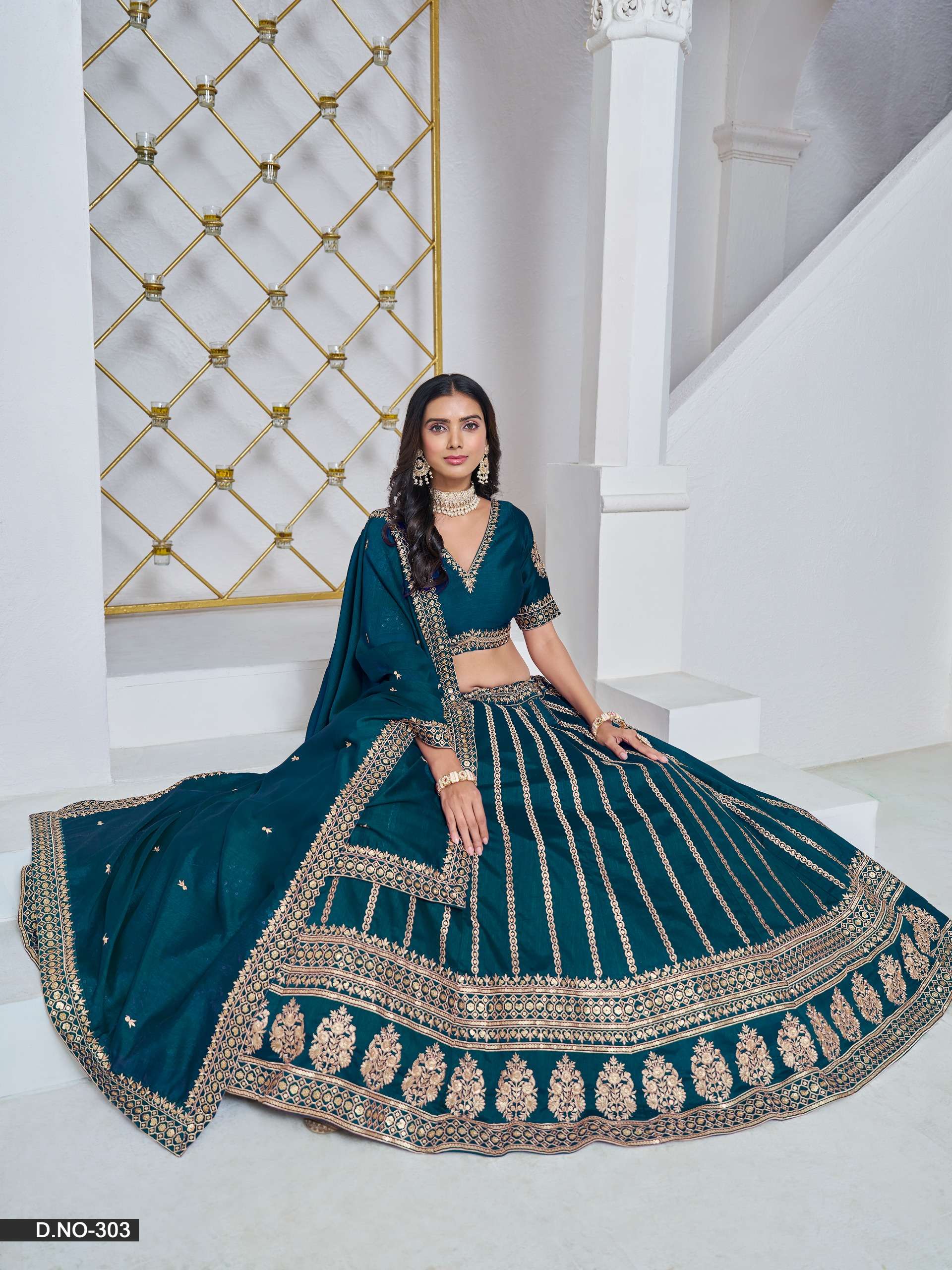 DESIGNER FANCY WEDDING PARTY WEAR INDIAN ART SILK BLUE GREEN LEHENGA CHOLI WITH NET DUPATTA ANY 303