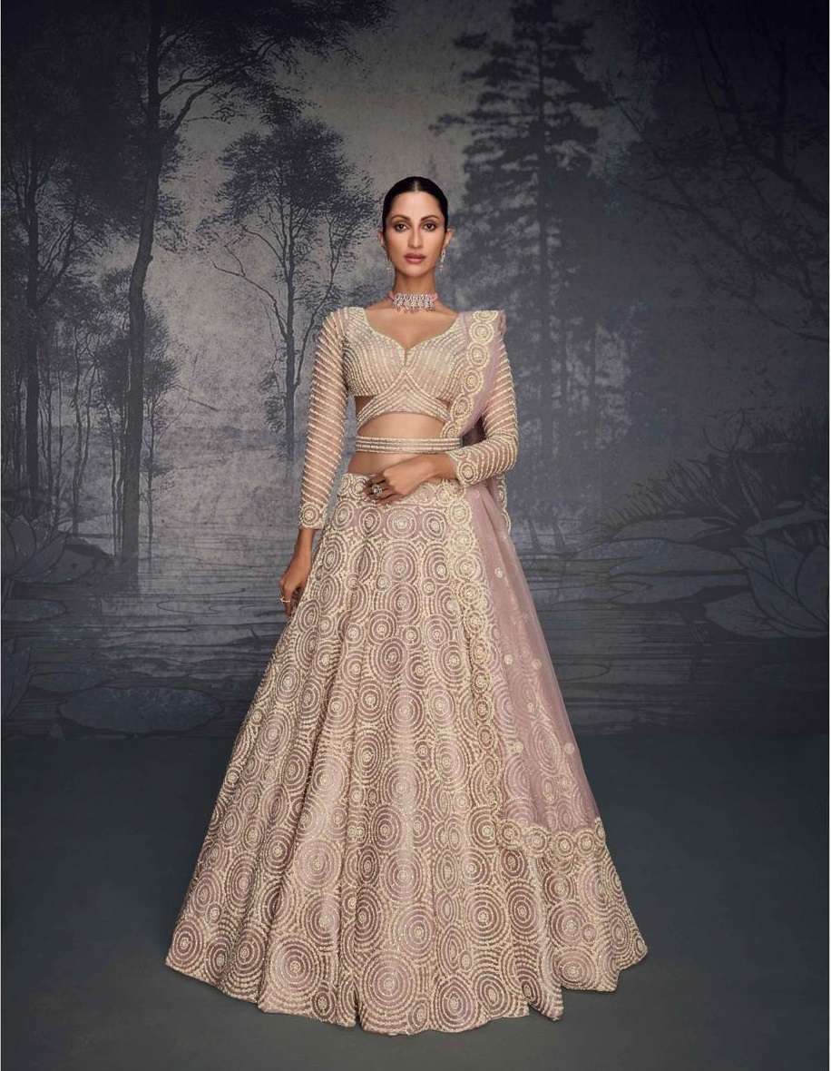 DESIGNER FANCY WEDDING PARTY WEAR INDIAN CREAM NET LEHENGA CHOLI WITH DUPATTA SY GLAMOUR 5591