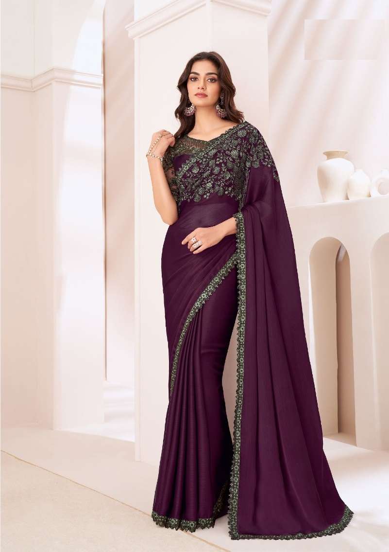 DESIGNER FANCY WEDDING PARTY WEAR INDIAN GEORGETTE WINE SAREE COLLECTION SM TFH 1309 A