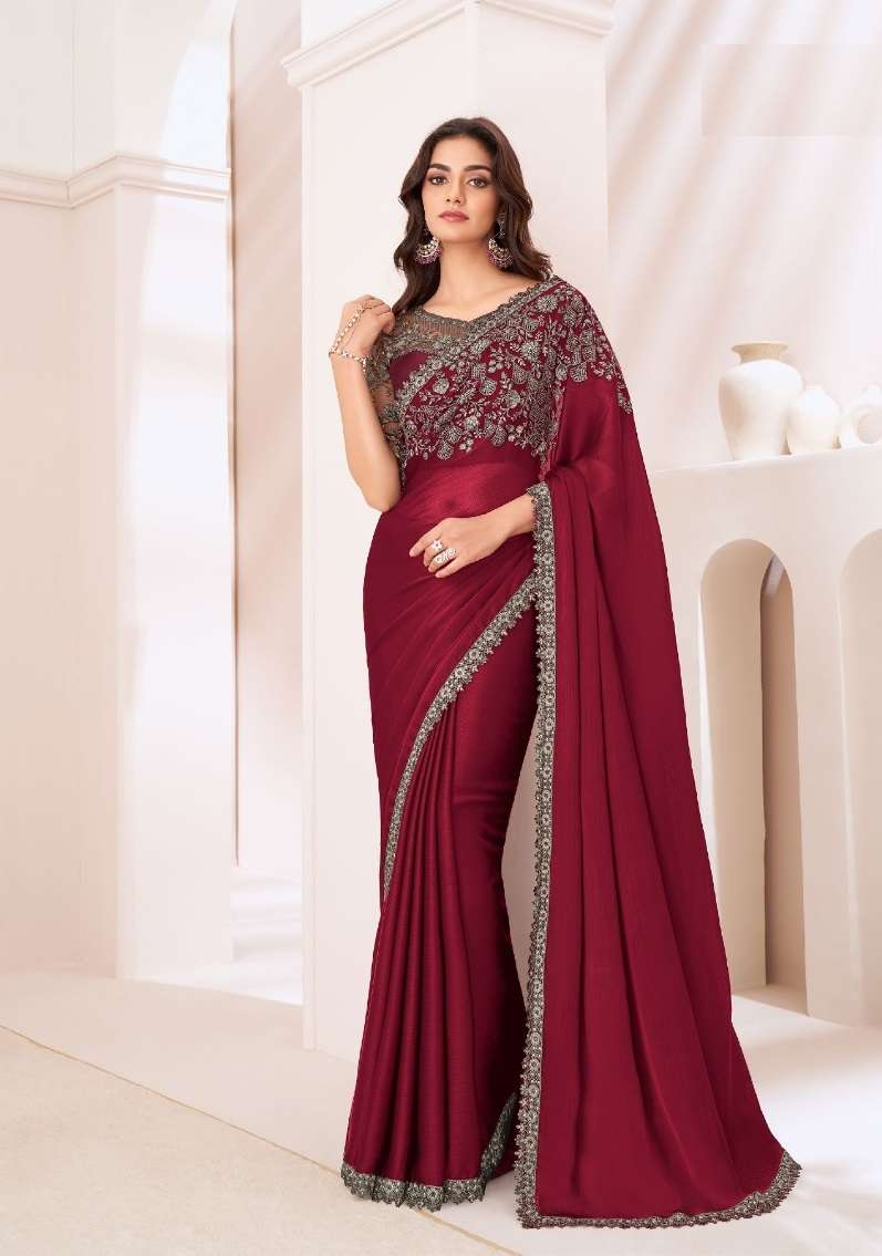 DESIGNER FANCY WEDDING PARTY WEAR INDIAN GEORGETTE RED SAREE COLLECTION SM TFH 1309 D