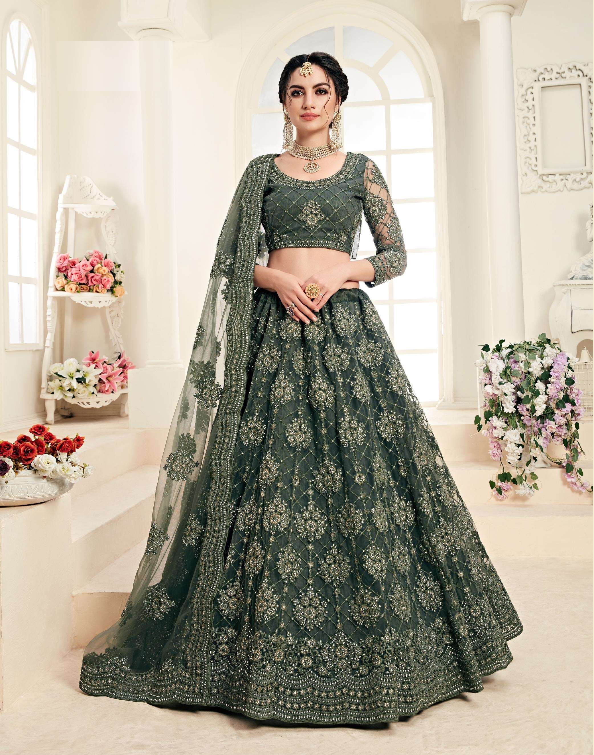 DESIGNER FANCY WEDDING PARTY WEAR INDIAN GREEN HEAVY NET LEHENGA CHOLI WITH DUPATTA ALZ 1004