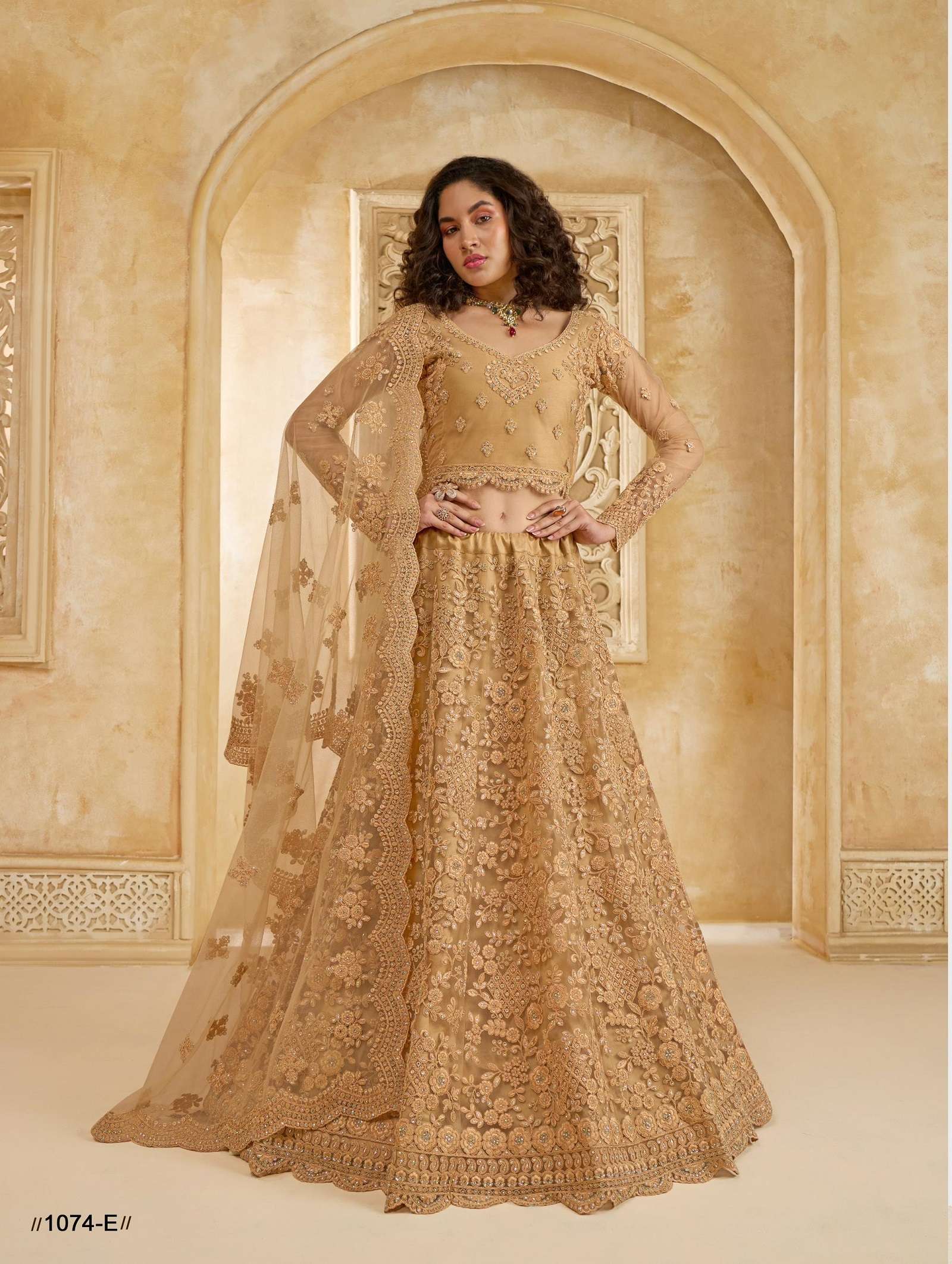 DESIGNER FANCY WEDDING PARTY WEAR INDIAN HEAVY CHIKU NET LEHENGA CHOLI WITH DUPATTA ALZ 1074E