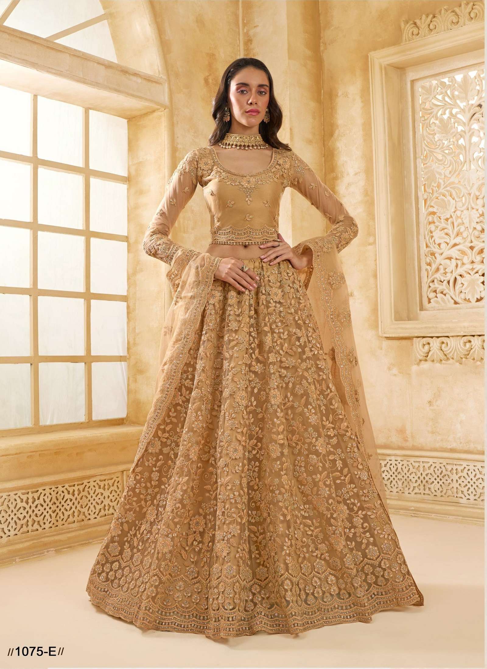 DESIGNER FANCY WEDDING PARTY WEAR INDIAN HEAVY CHIKU NET LEHENGA CHOLI WITH DUPATTA ALZ 10