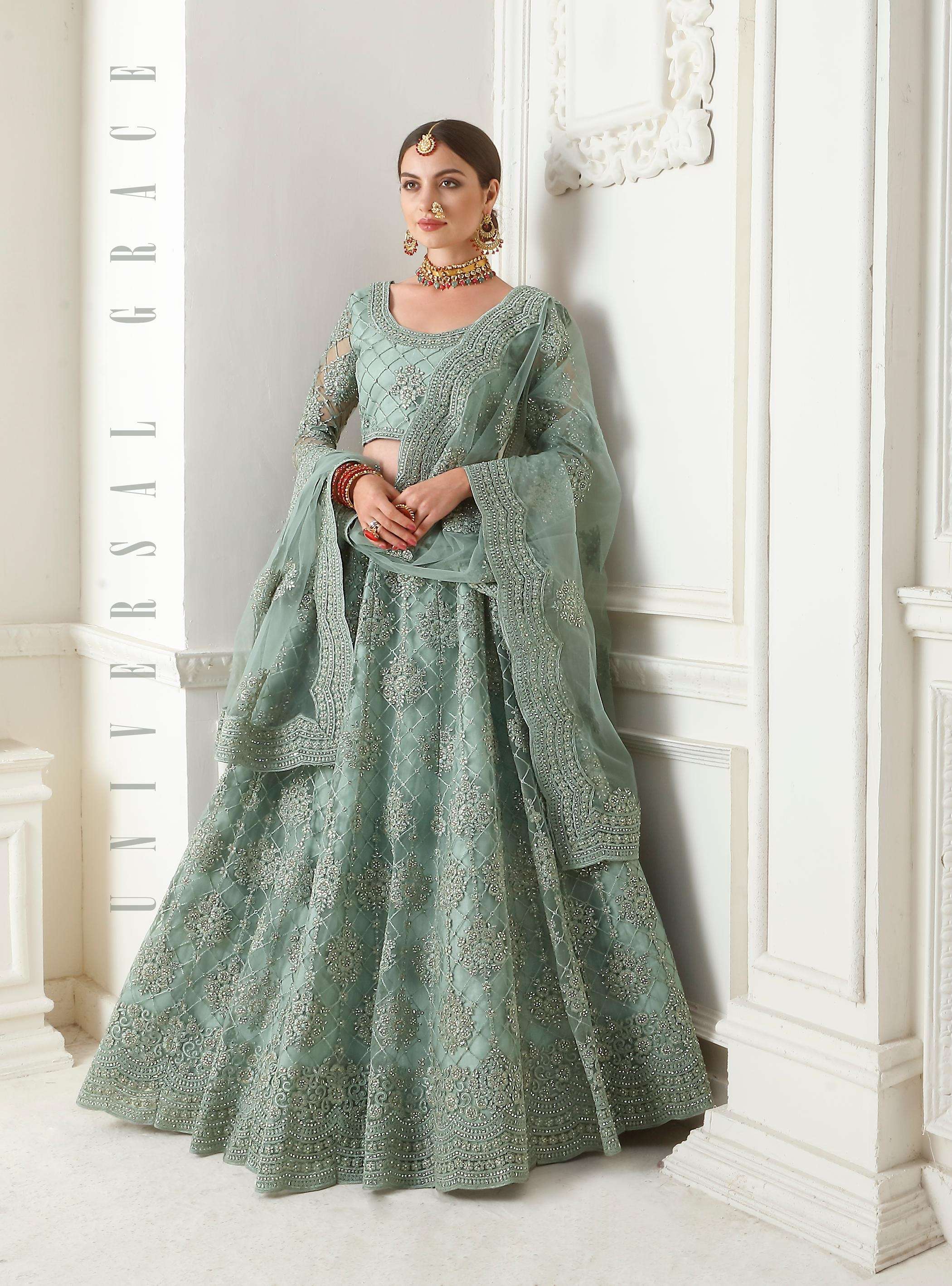 DESIGNER FANCY WEDDING PARTY WEAR INDIAN SKY BLUE HEAVY NET LEHENGA CHOLI WITH DUPATTA ALZ 1004