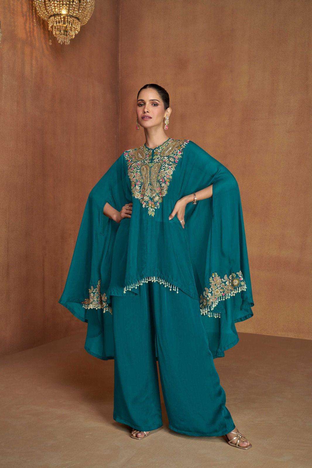 DESIGNER WEDDING PARTY WEAR HEAVY BLUE SILK SHARARA SALWAR SUIT GL FLORENCE 7515