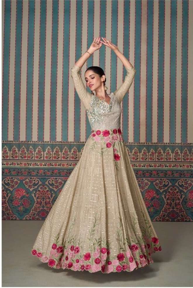 DESIGNER WEDDING PARTY WEAR HEAVY CHINON BEIGE ANARKALI SALWAR SUIT GOWN SY ETHNIC 5681