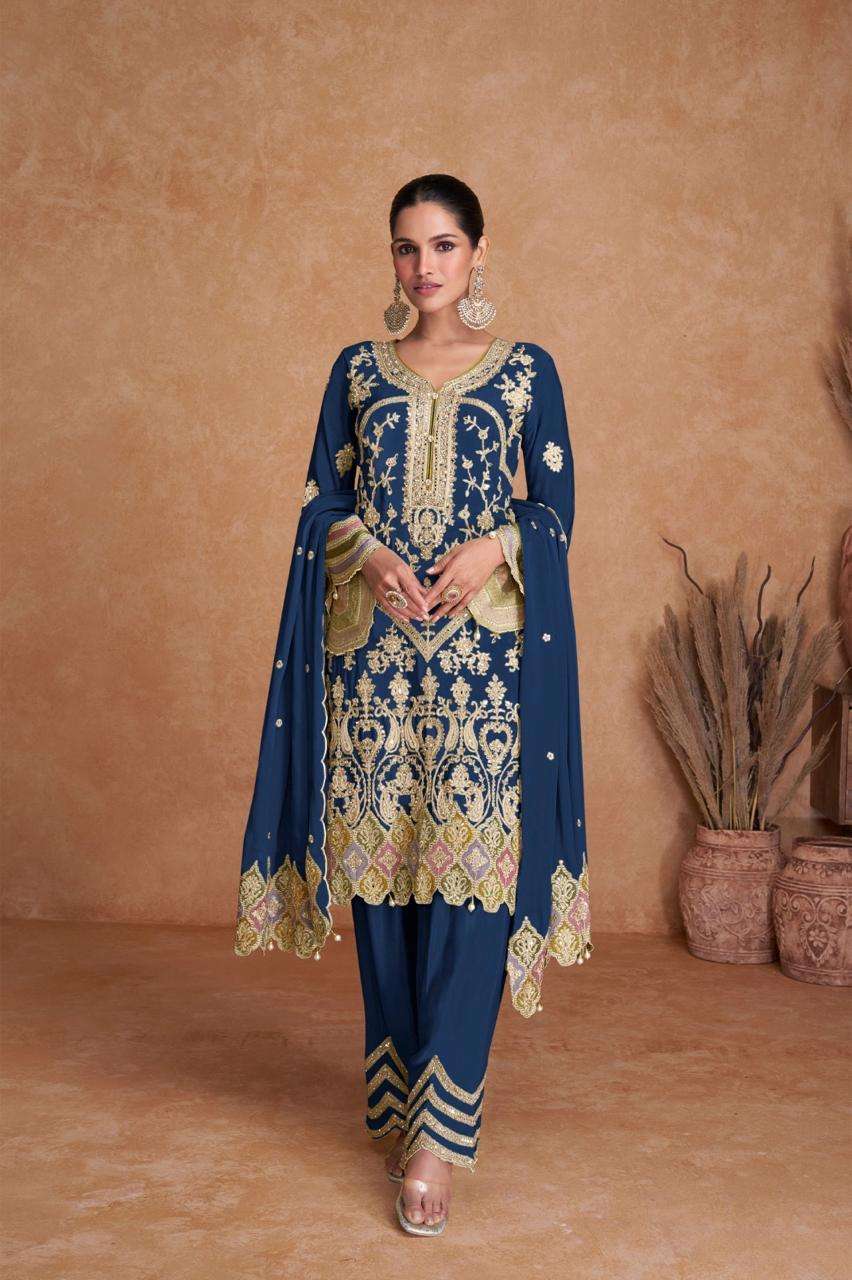 DESIGNER WEDDING PARTY WEAR HEAVY CHINON BLUE SALWAR SUIT PALLAZO SUIT GL 7412J