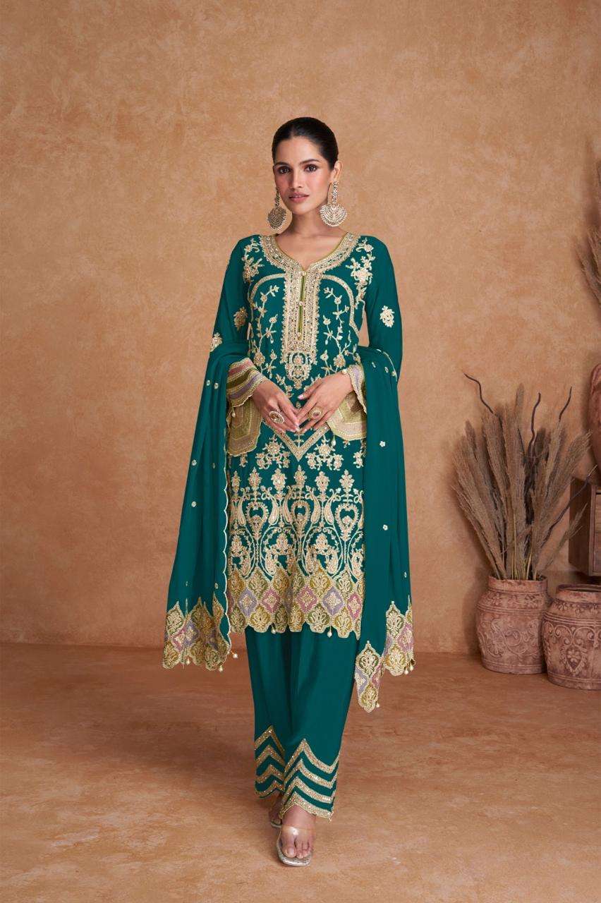 DESIGNER WEDDING PARTY WEAR HEAVY CHINON GREEN SALWAR SUIT PALLAZO SUIT GL 7412G