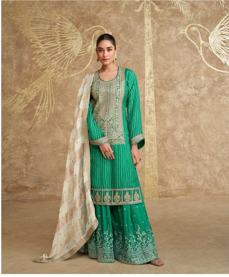 DESIGNER WEDDING PARTY WEAR HEAVY CHINON GREEN SHARARA SALWAR SUIT SY SUHAGAN 5669