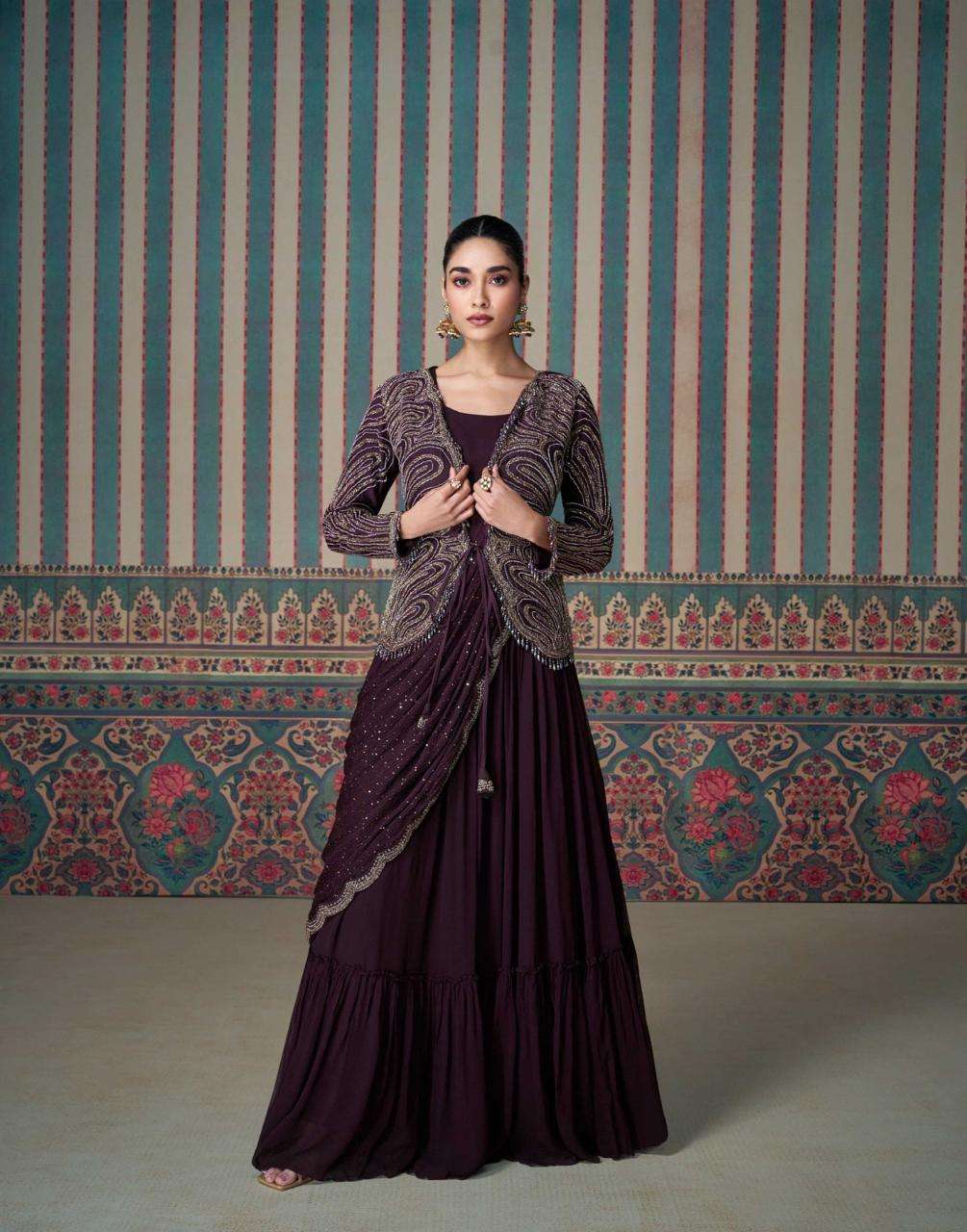 DESIGNER WEDDING PARTY WEAR HEAVY CHINON MAROON ANARKALI SALWAR SUIT GOWN SY ETHNIC 5683