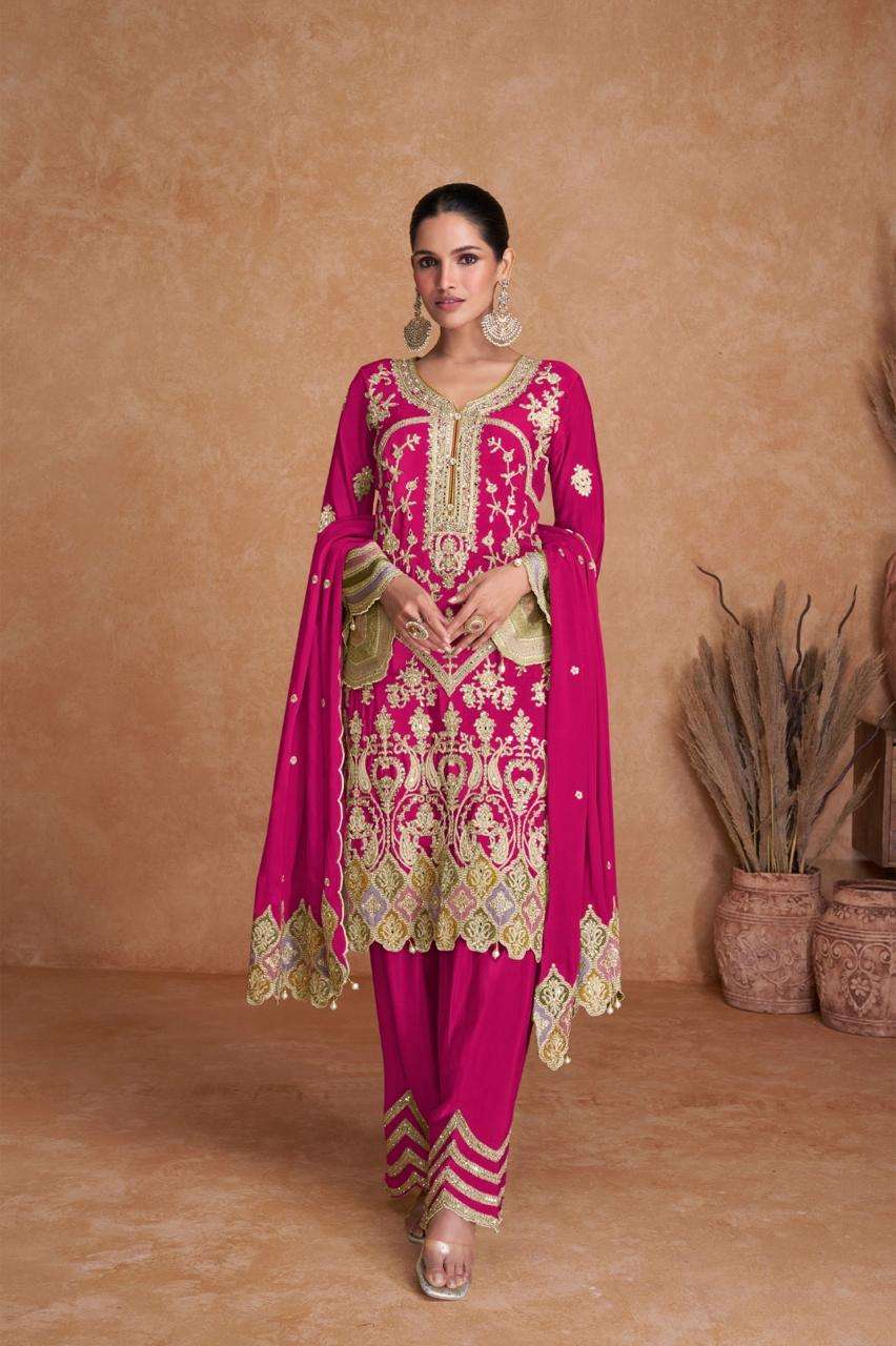 DESIGNER WEDDING PARTY WEAR HEAVY CHINON RANI PINK SALWAR SUIT PALLAZO SUIT GL 7412 F