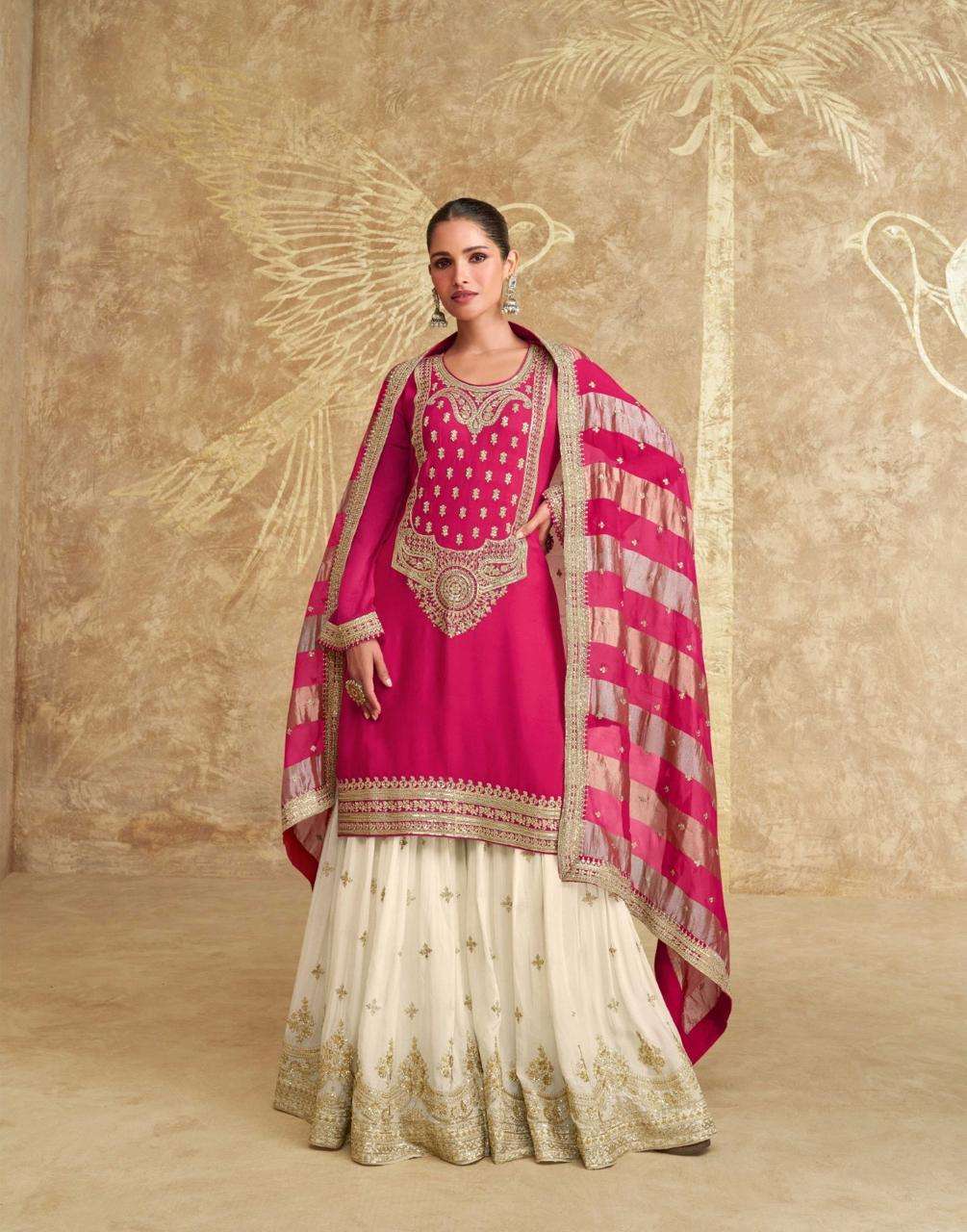 DESIGNER WEDDING PARTY WEAR HEAVY CHINON RANI PINK SHARARA SALWAR SUIT SY SUHAGAN 5668