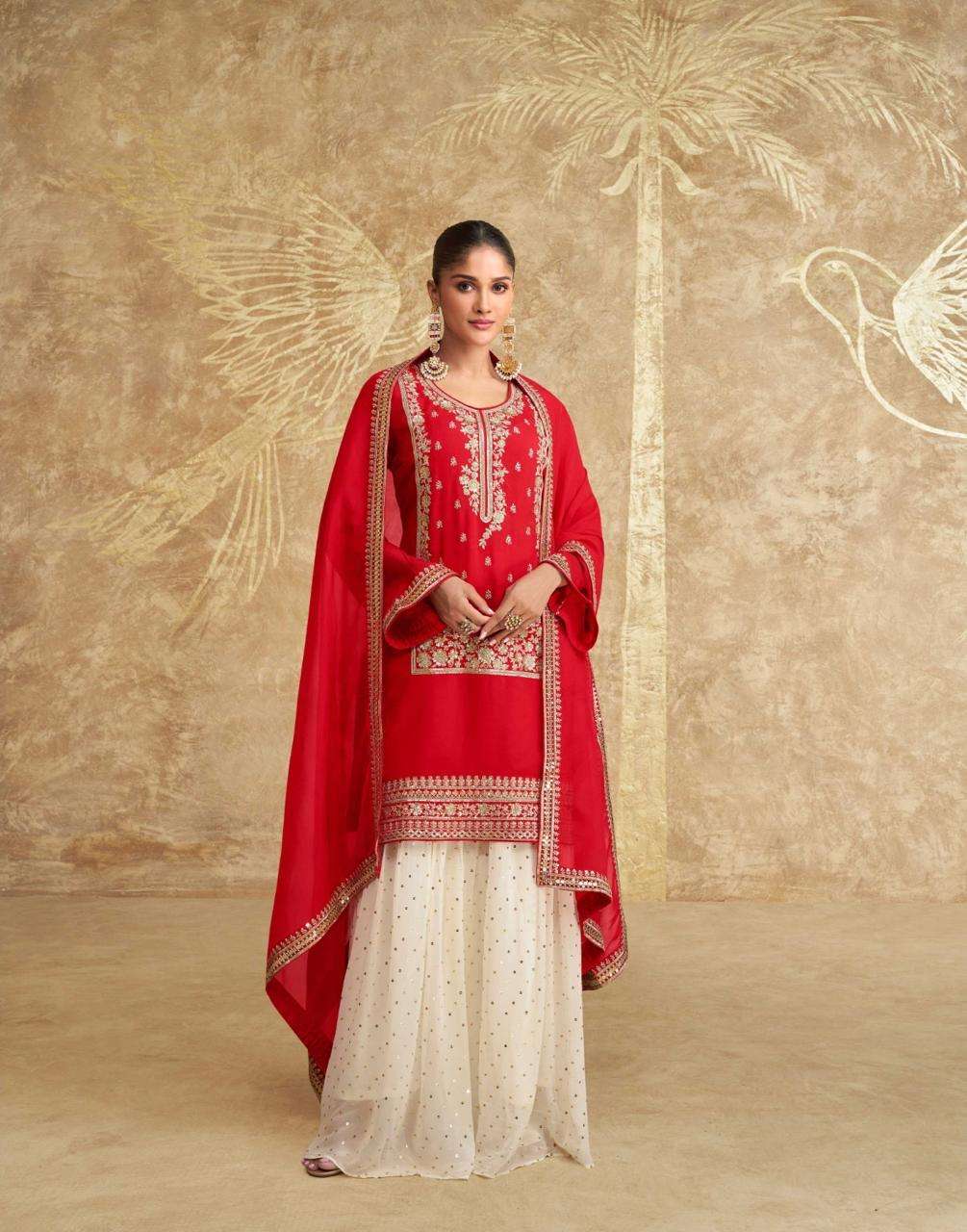 DESIGNER WEDDING PARTY WEAR HEAVY CHINON RED SHARARA SALWAR SUIT SY SUHAGAN 5670