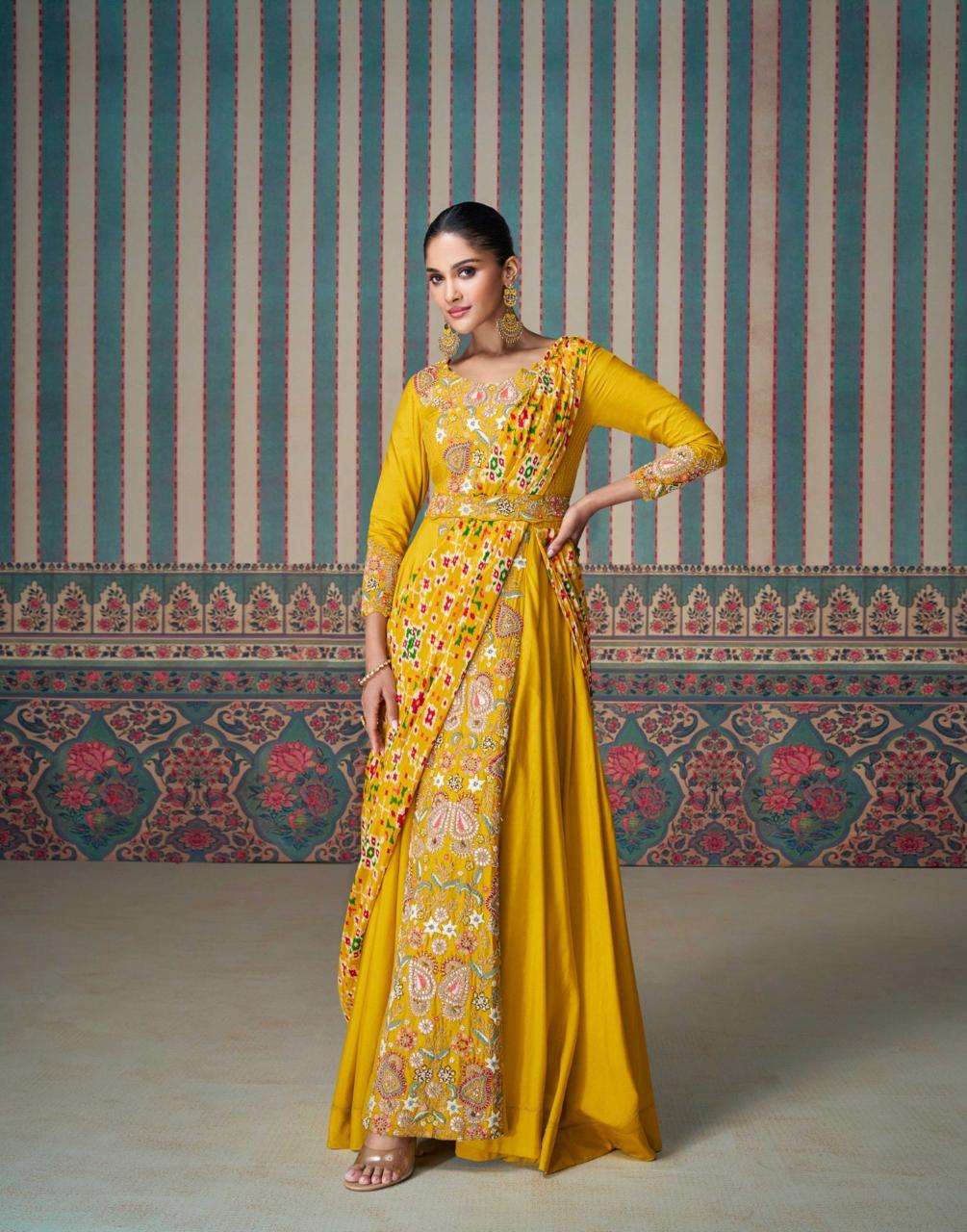 DESIGNER WEDDING PARTY WEAR HEAVY CHINON YELLOW ANARKALI SALWAR SUIT GOWN SY ETHNIC 5682