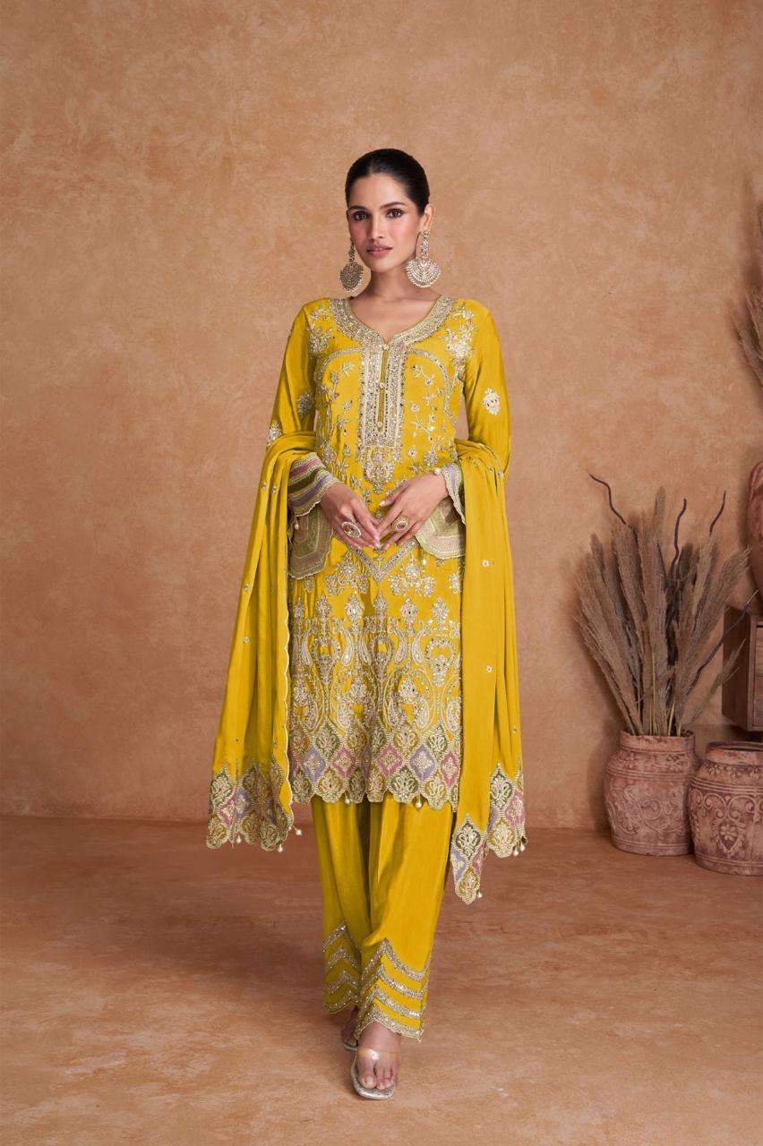 DESIGNER WEDDING PARTY WEAR HEAVY CHINON YELLOW SALWAR SUIT PALLAZO SUIT GL 7412 I