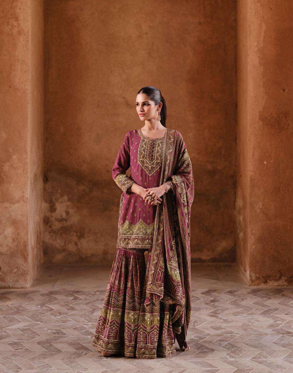 DESIGNER WEDDING PARTY WEAR HEAVY CREPE SILK DEEP PINK SHARARA SALWAR SUIT SY NOORANI 5455