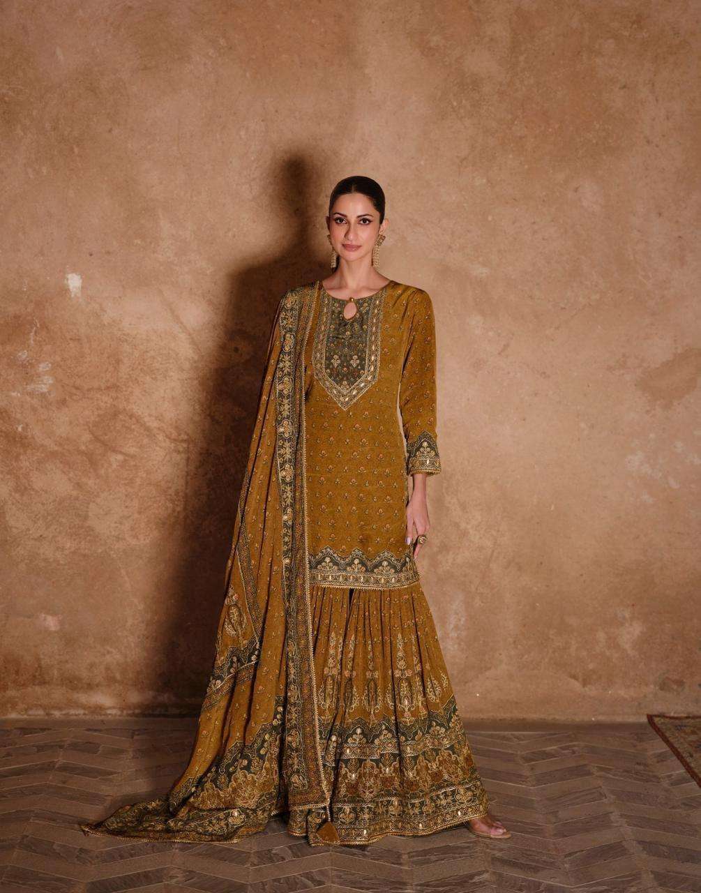 DESIGNER WEDDING PARTY WEAR HEAVY CREPE SILK YELLOW SHARARA SALWAR SUIT SY NOORANI 5456